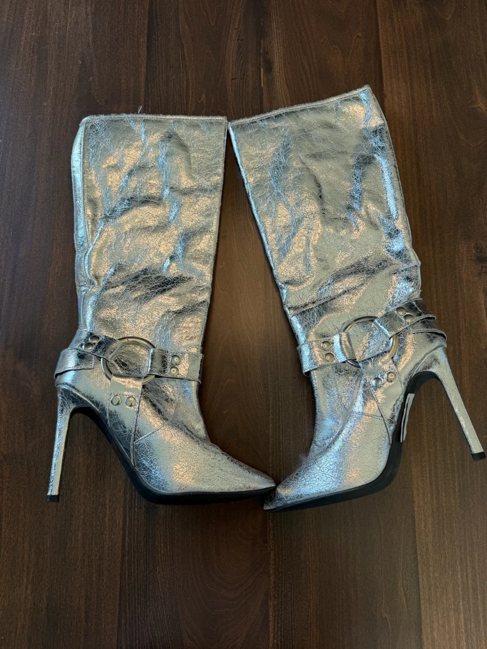 Wild Diva Metallic Silver Knee High Buckle Stiletto Boots